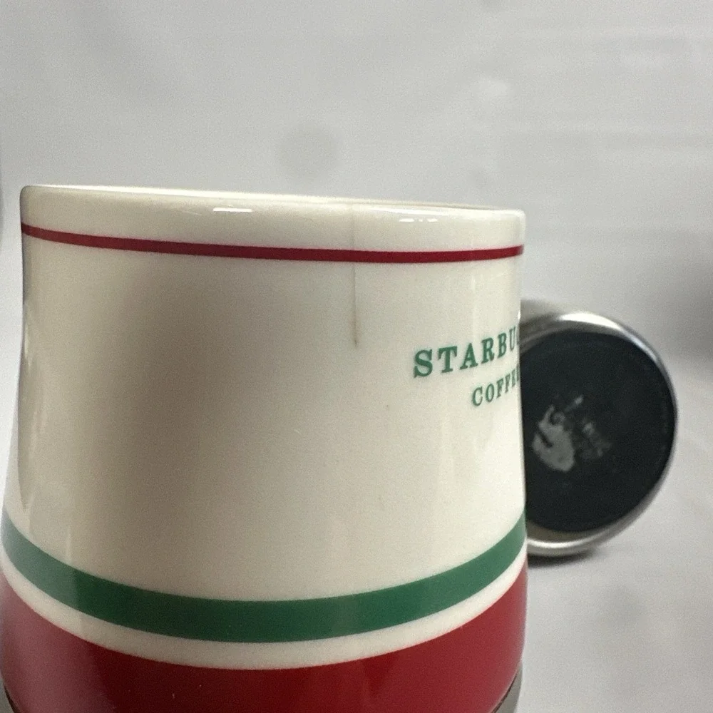 Starbucks 2006 Stainless Ceramic Coffee Travel Mugs Red Green Stripe 14oz No Lid